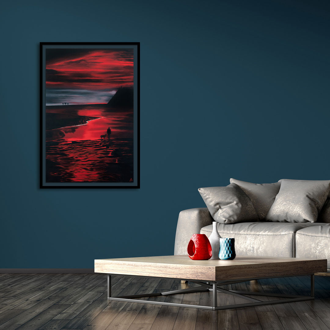 A Study in Crimson on a dark teal wall