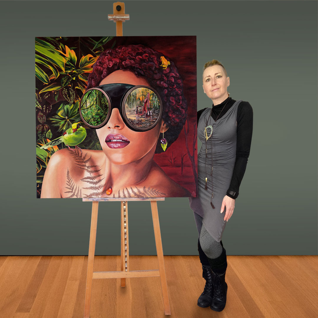 Anna-Marie Buss Artist standing next to Deforestation oil painting