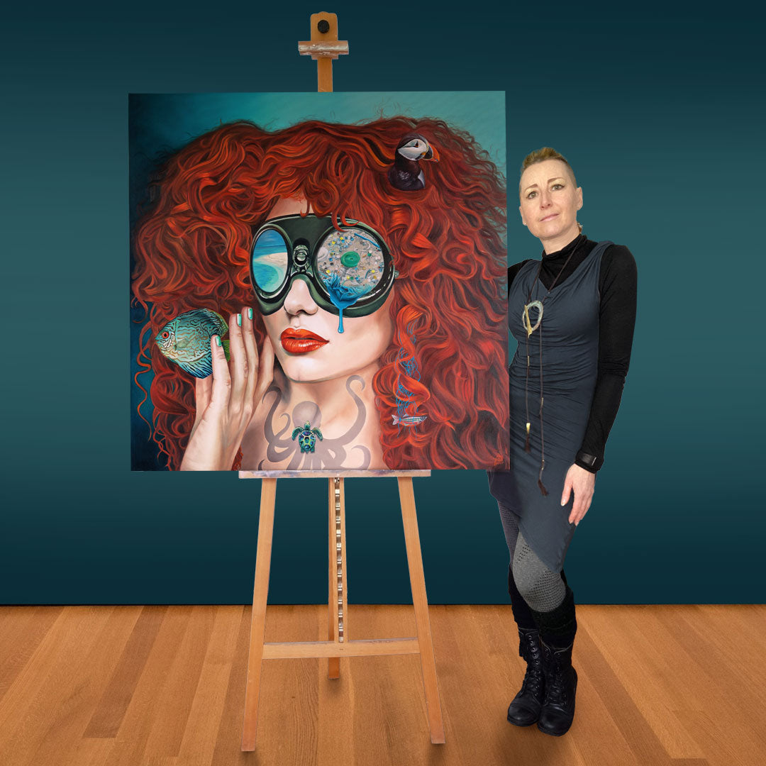 Anna-Marie Buss Artist standing next to Nurdles painting