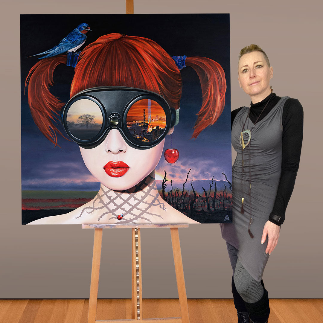 Anna-Marie Buss artist standing next to Radioactive painting