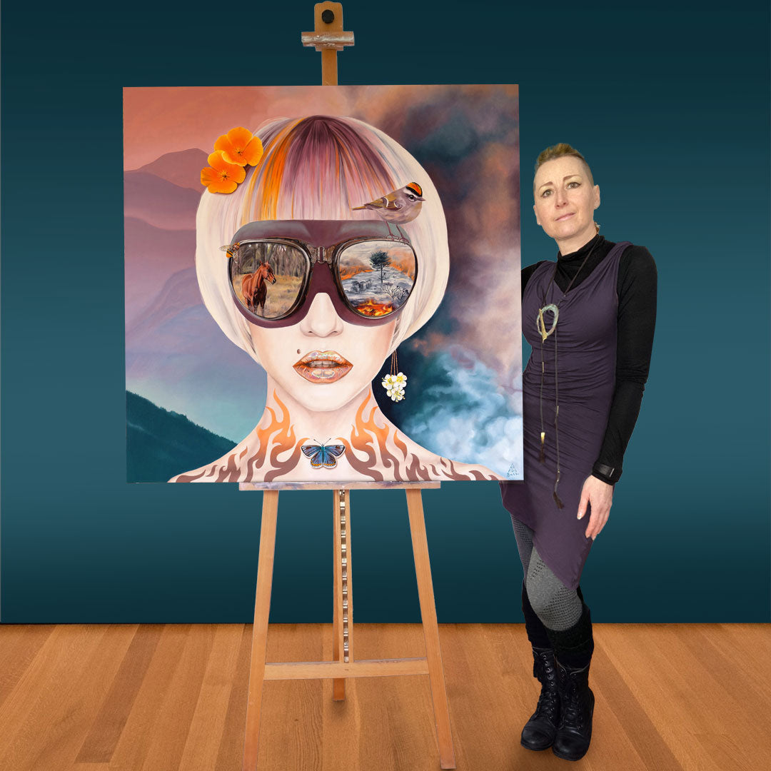 Anna-Marie standing next to Wildfires Painting