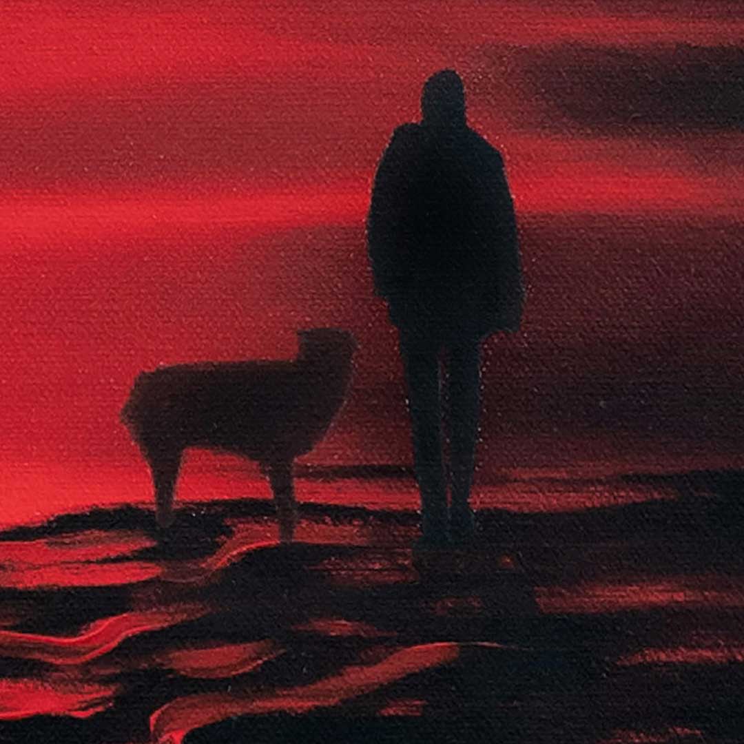 Figure and their dog on the beach painting