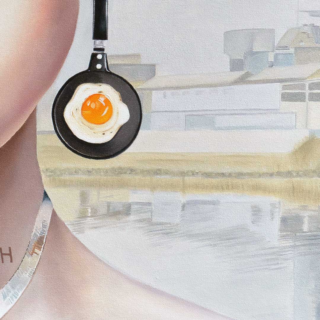 Painting of a Frying Pan Earring with fried egg 