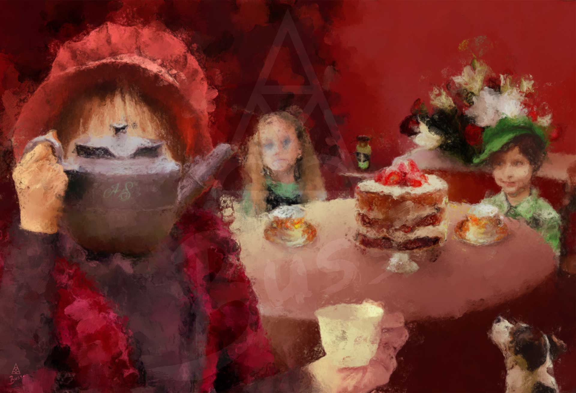 A stylised, painterly scene of children gathered around a table with a layered cake and teacups in a burgundy red interior. A pretty scene that depicts a dark undertone and tells the story of Mary Ann Cotton Britain's first female serial killer. The artwork has soft, impressionistic brushstrokes.
