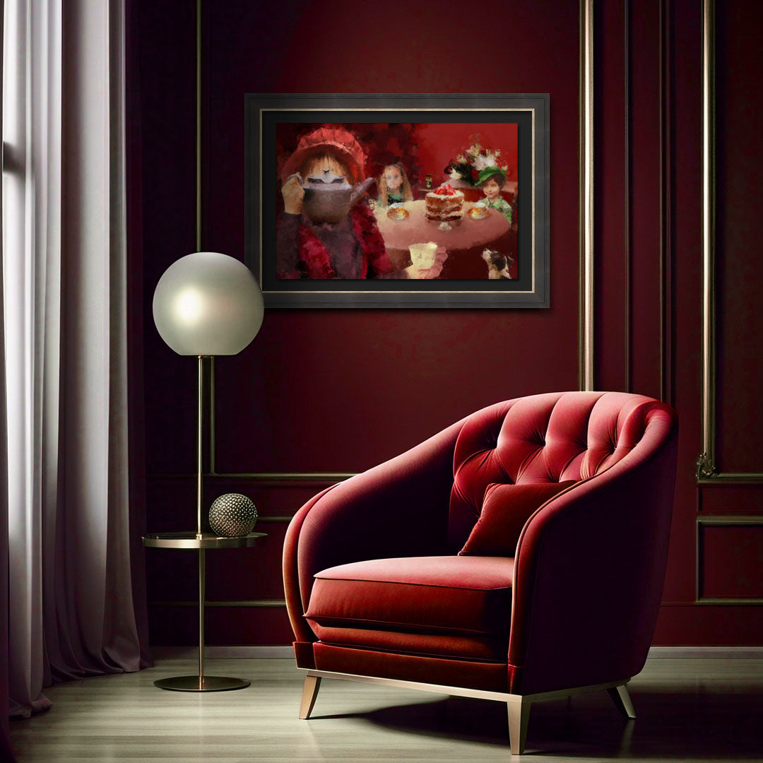 A framed art print depicting a whimsical tea-time scene with a sinister story, displayed on a dark red wall above a tufted red armchair and a modern floor lamp.