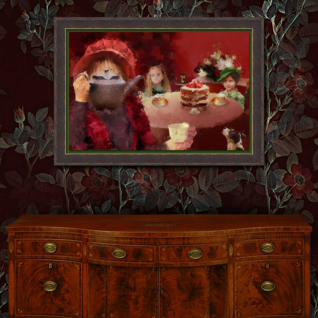 A framed art print depicting a whimsical tea-time scene with a sinister story of Mary Ann Cotton, displayed on a dark floral wallpaper above a wooden sideboard.