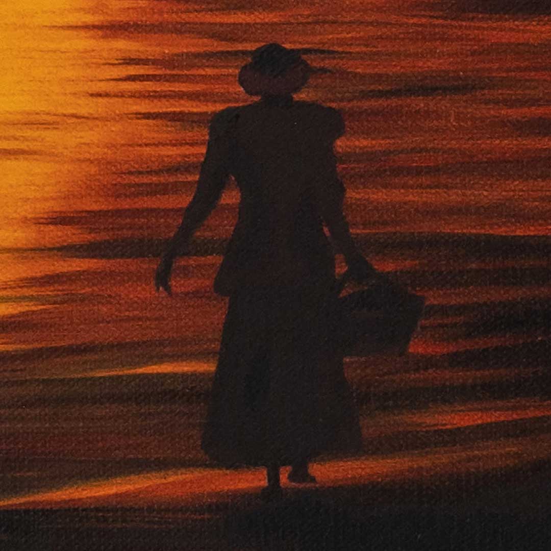 Lady walking on the beach carrying a trug painting