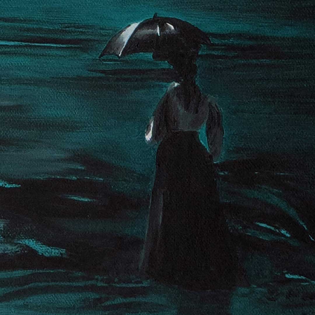 Lady with Umbrella looking out to sea painting detail