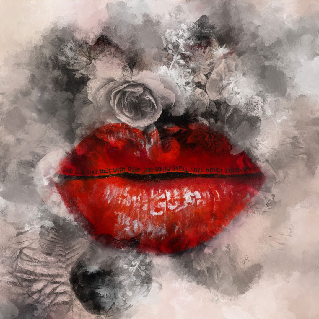 Juicy red lips painting Impressionist brushstrokes centered over gray, black, and white floral and smoky textures on a light beige background.