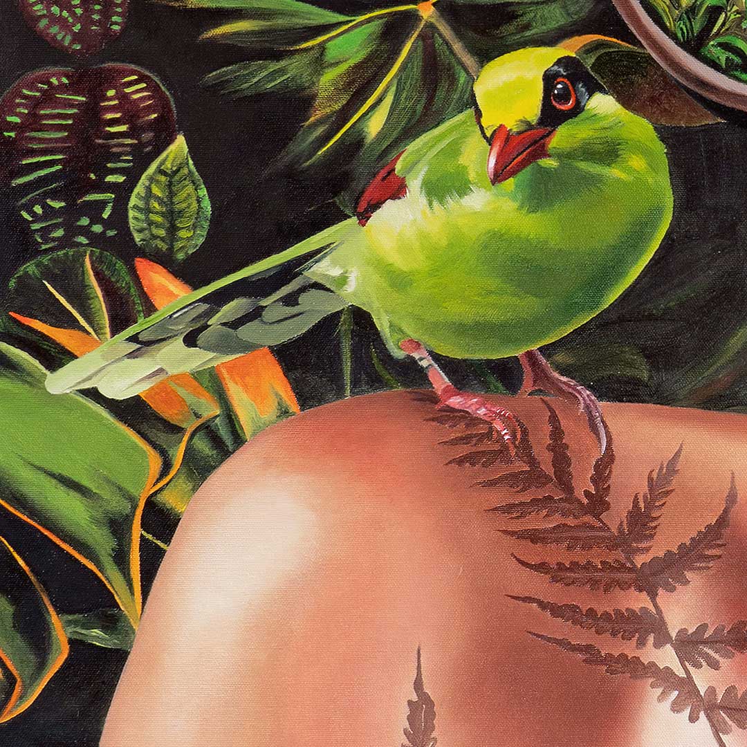 Oil painting of Magpie in rainforest detail