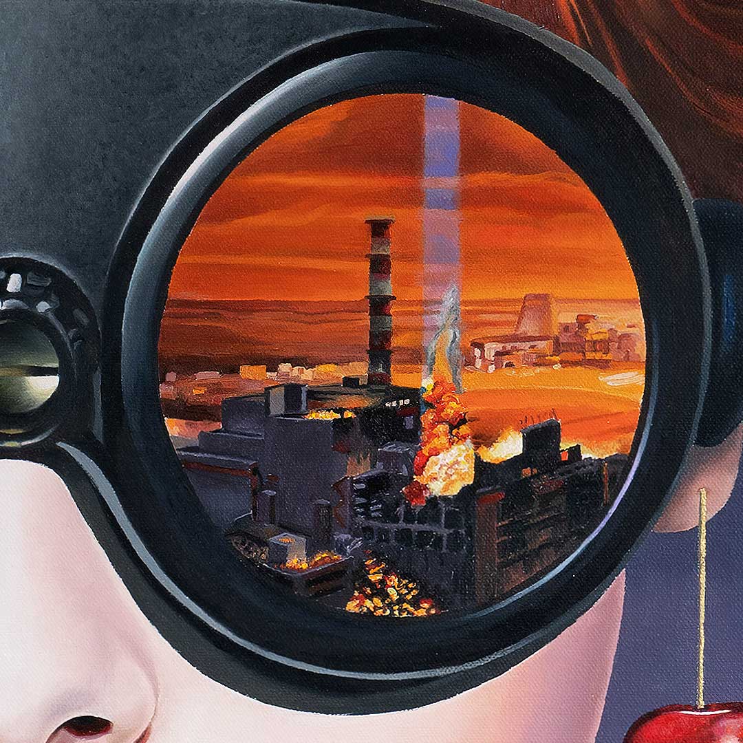 A nuclear reactor burns in the night sky