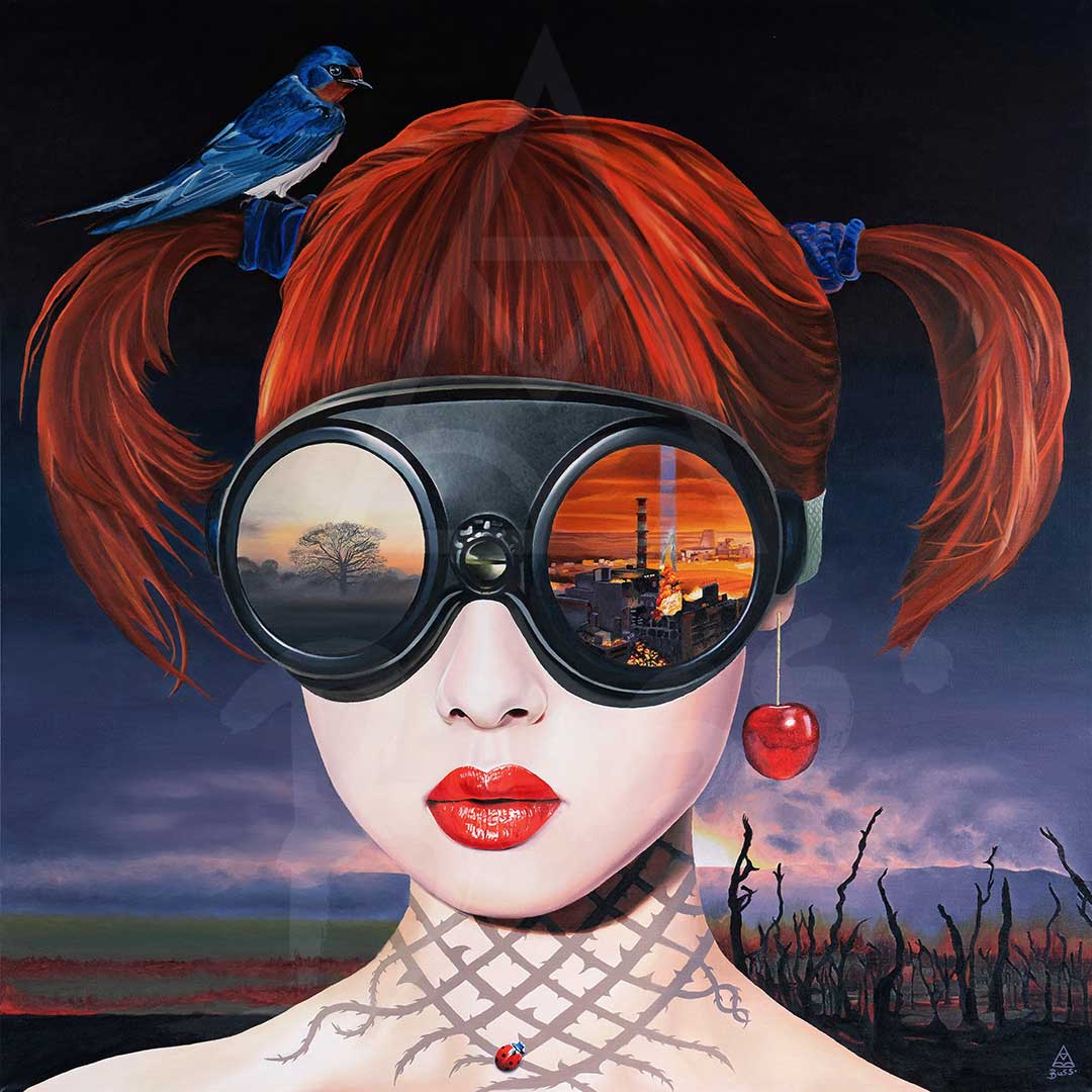 Radioactive painting a girl wears reflective goggles depicting a nuclear disaster in one lens, and a misty morning of a perfect world in the other.