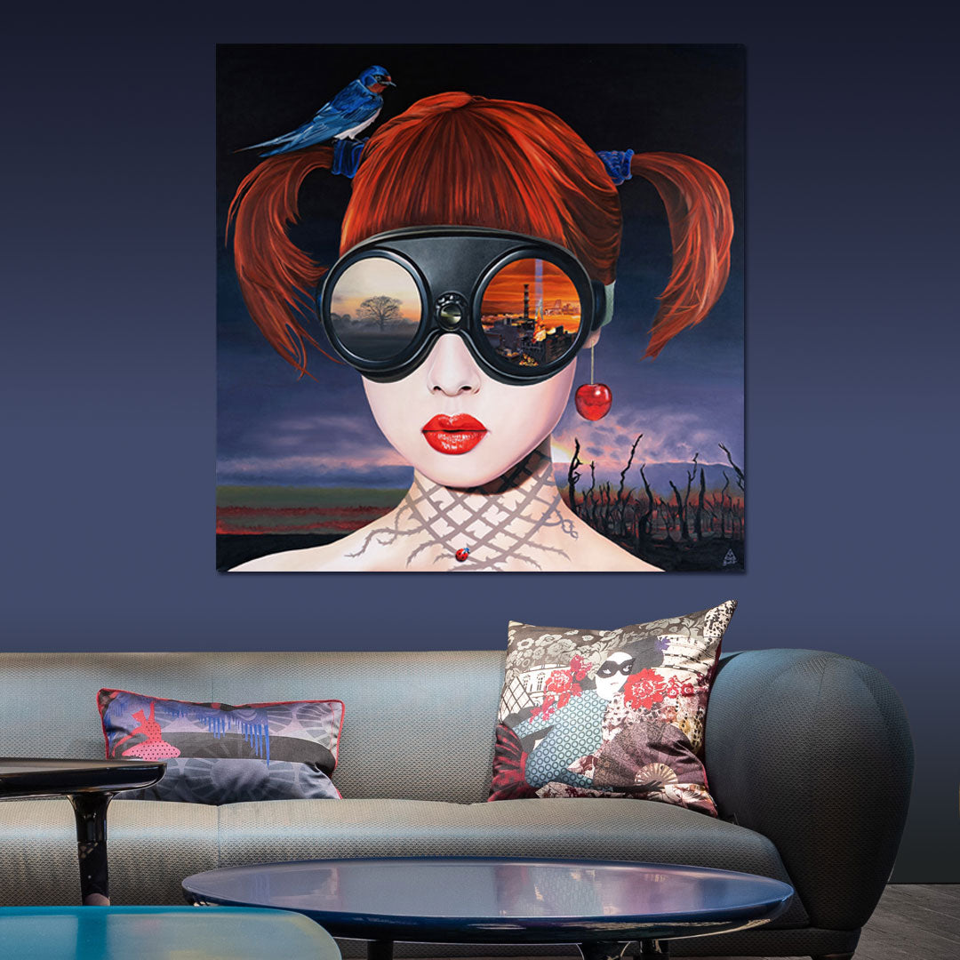 Radioactive painting displayed above a sofa