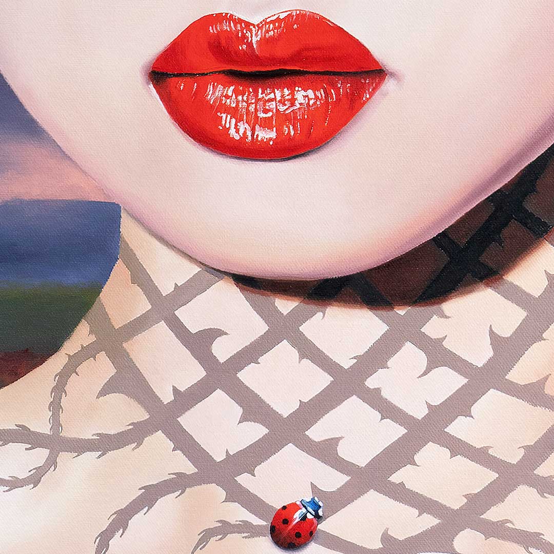 Red glossy lips and thorn tattoo