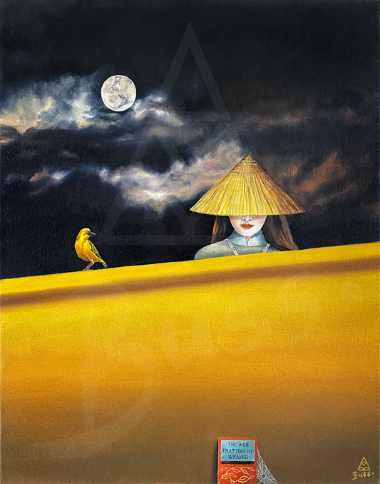 Yellow painting depicting a Weaver Bird and a girl wearing a large conical yellow hat. She stands behind a yellow wall with a book at the base "The Web that has no Weaver". An eerie midnight sky with clouds and a bright full moon are in the background. 