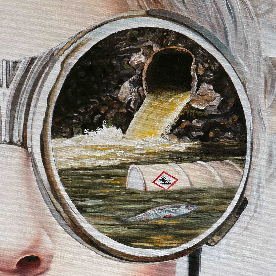 Painting of Toxic Waste oil drum polluting water
