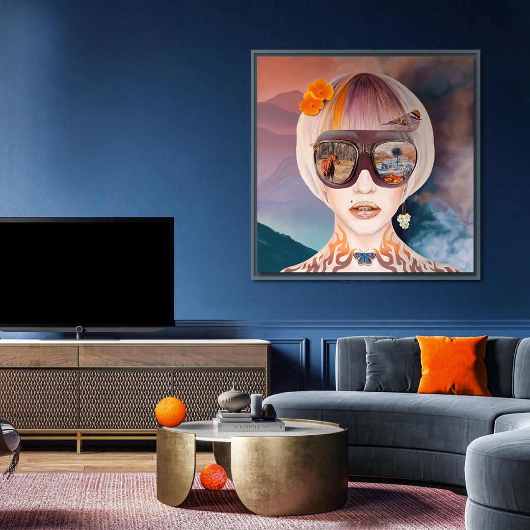 Wildfires painting on a blue wall interior design