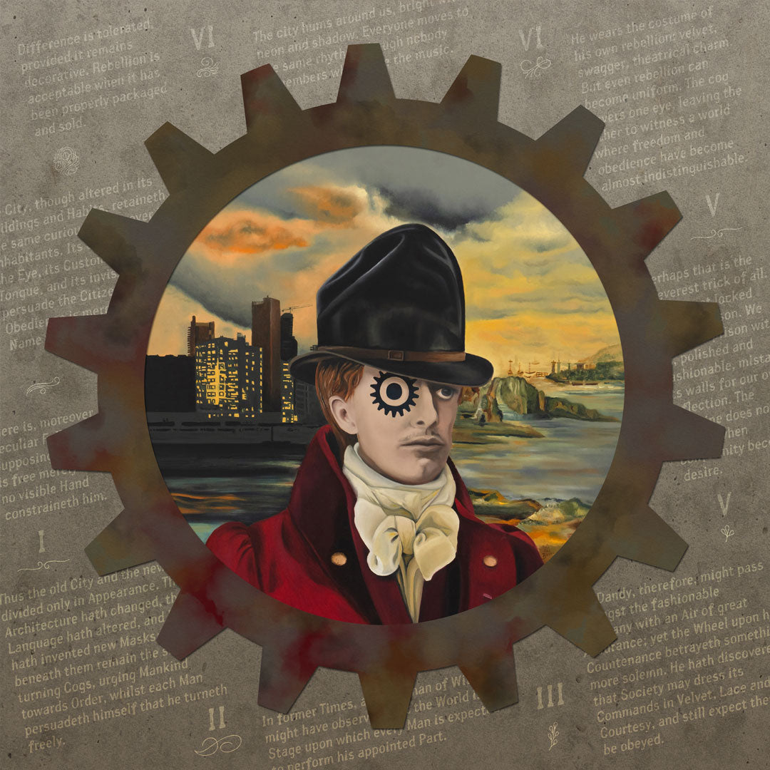 Steampunk-style art print influenced by A Clockwork Orange, featuring a man in a black top hat and red coat with a large gear overlay, set against a parchment-like background with printed text.