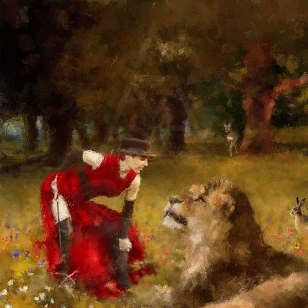 Painting of a woman with riding crop taming a lion in a woodland setting with a deer and hare.
