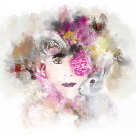 Artistic depiction of a person with floral headpiece and rabbit, watercolor style