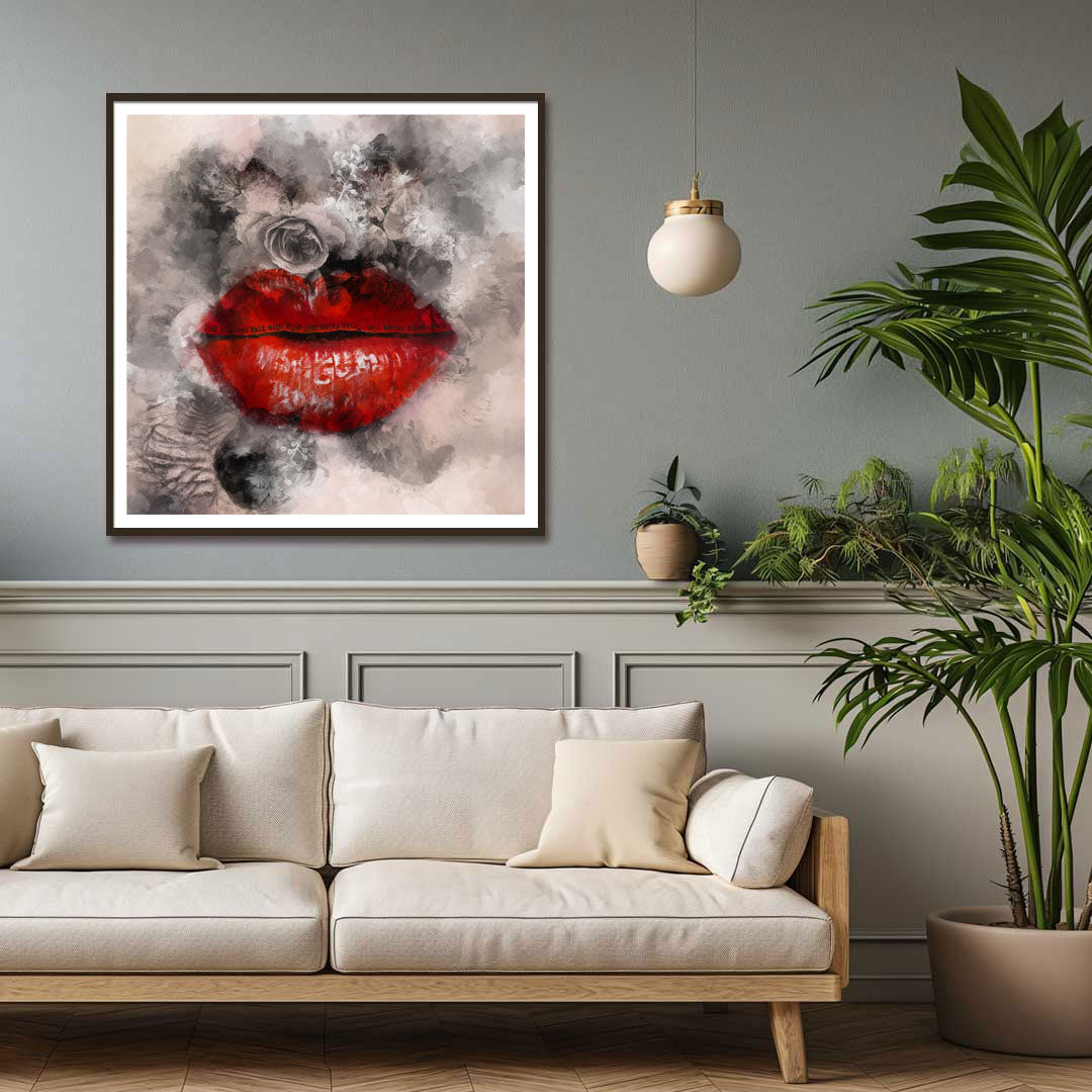 A framed abstract wall art print featuring bold juicy red lips displayed in a modern living room setting above a cream-colored sofa with a potted plant nearby.