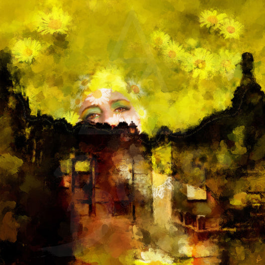 Yellow and black abstract artwork with a model's face and Daisies on a dark background with poetry.