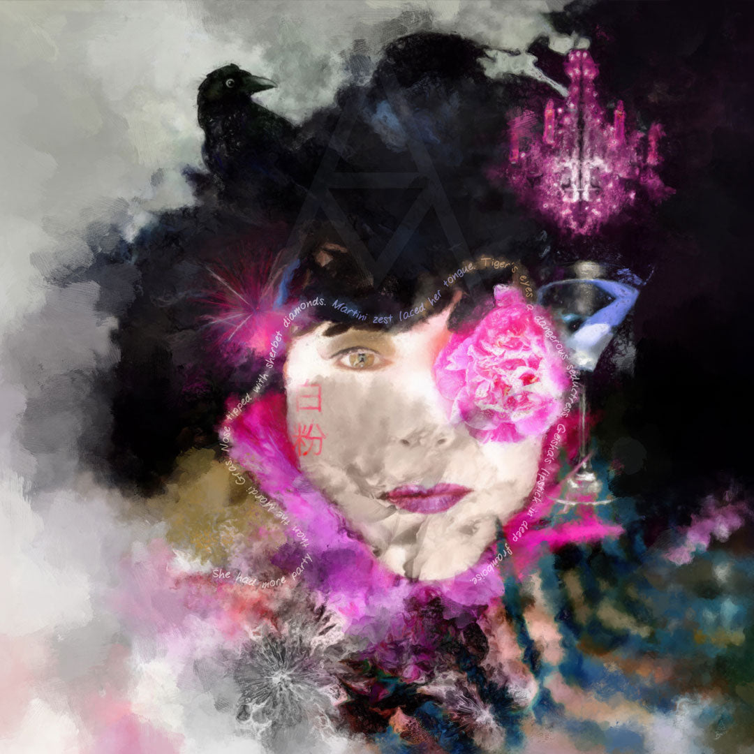 Artistic portrait with a woman's face, crows, and chandelier in a stylized setting.