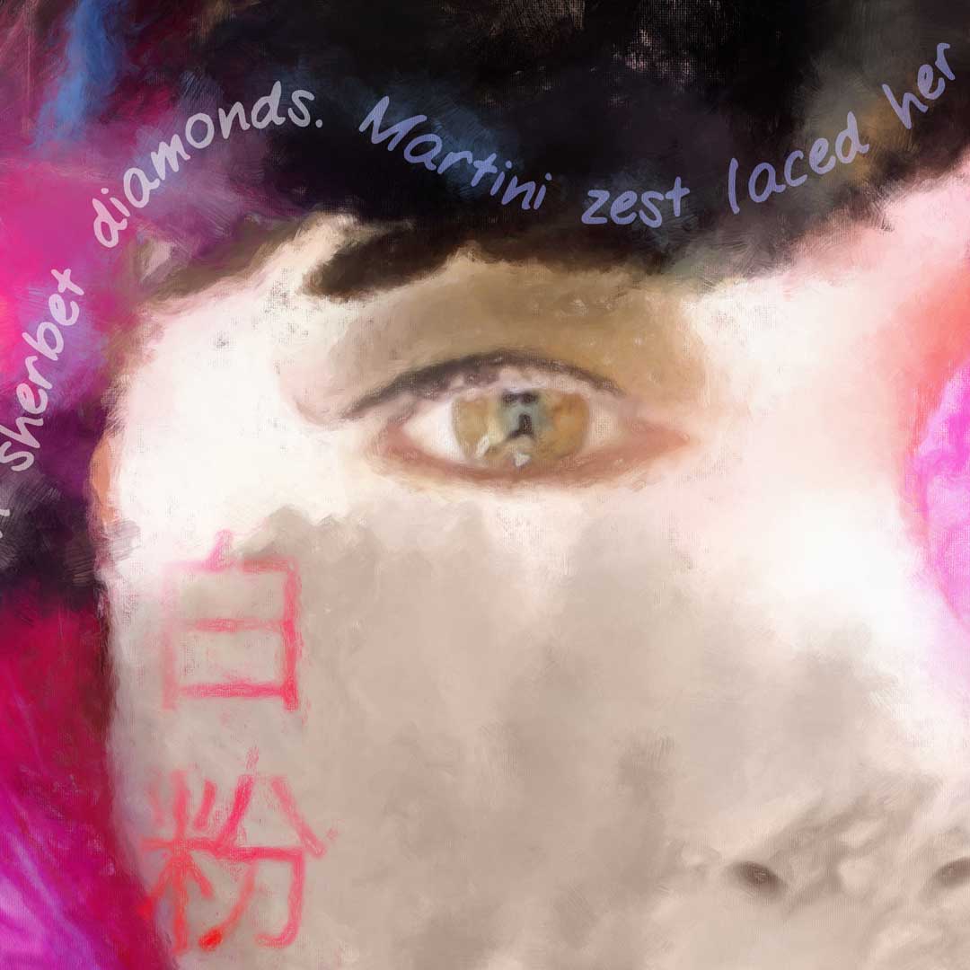 Close-up of a person's face with colorful text overlay