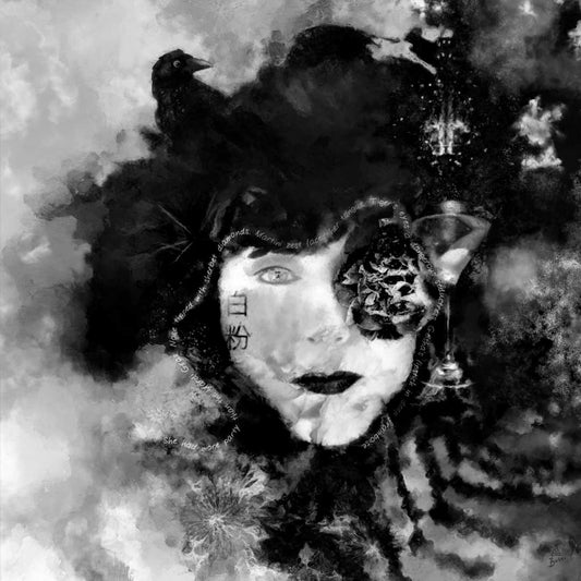 Black and white artistic Geisha portrait with a Raven, Martini glass and a candelabra.